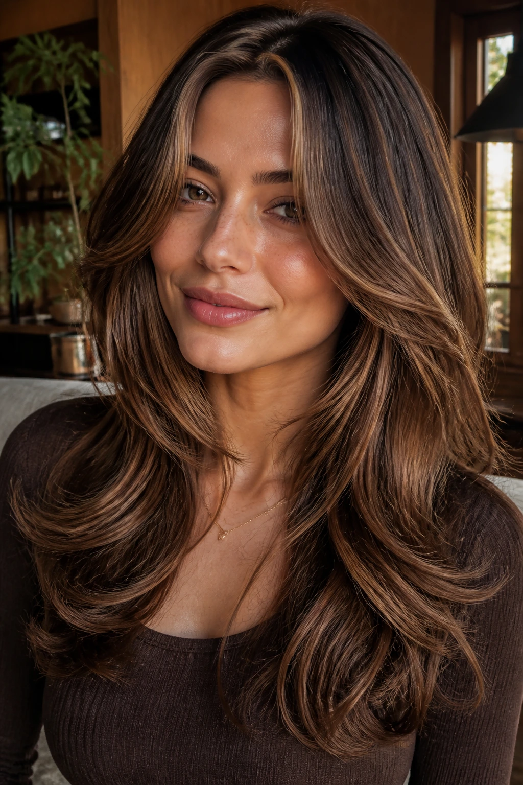 Close-up of a real woman with S-curve layers and maple lowlights