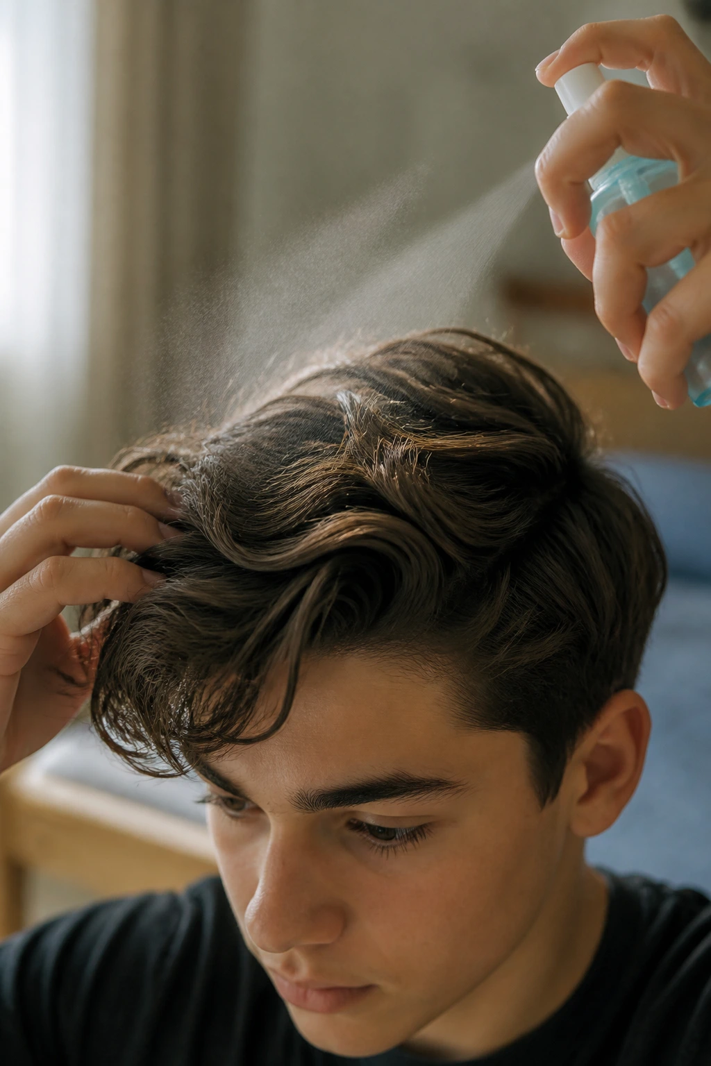 Close-up of a boy's textured hair boosted by sea salt spray in a home setting
