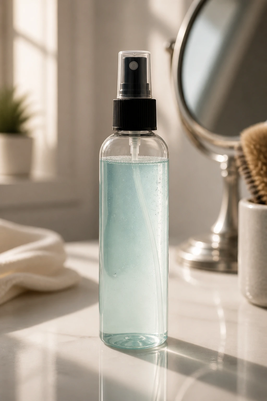 Sea salt spray bottle on a vanity as a key product for beachy waves