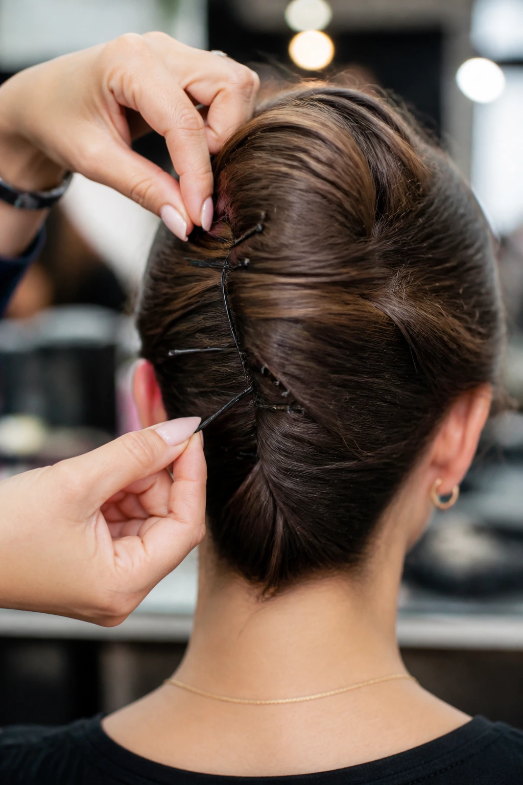 Back view of head showing seam of French twist secured with pins anchored to the scalp.
