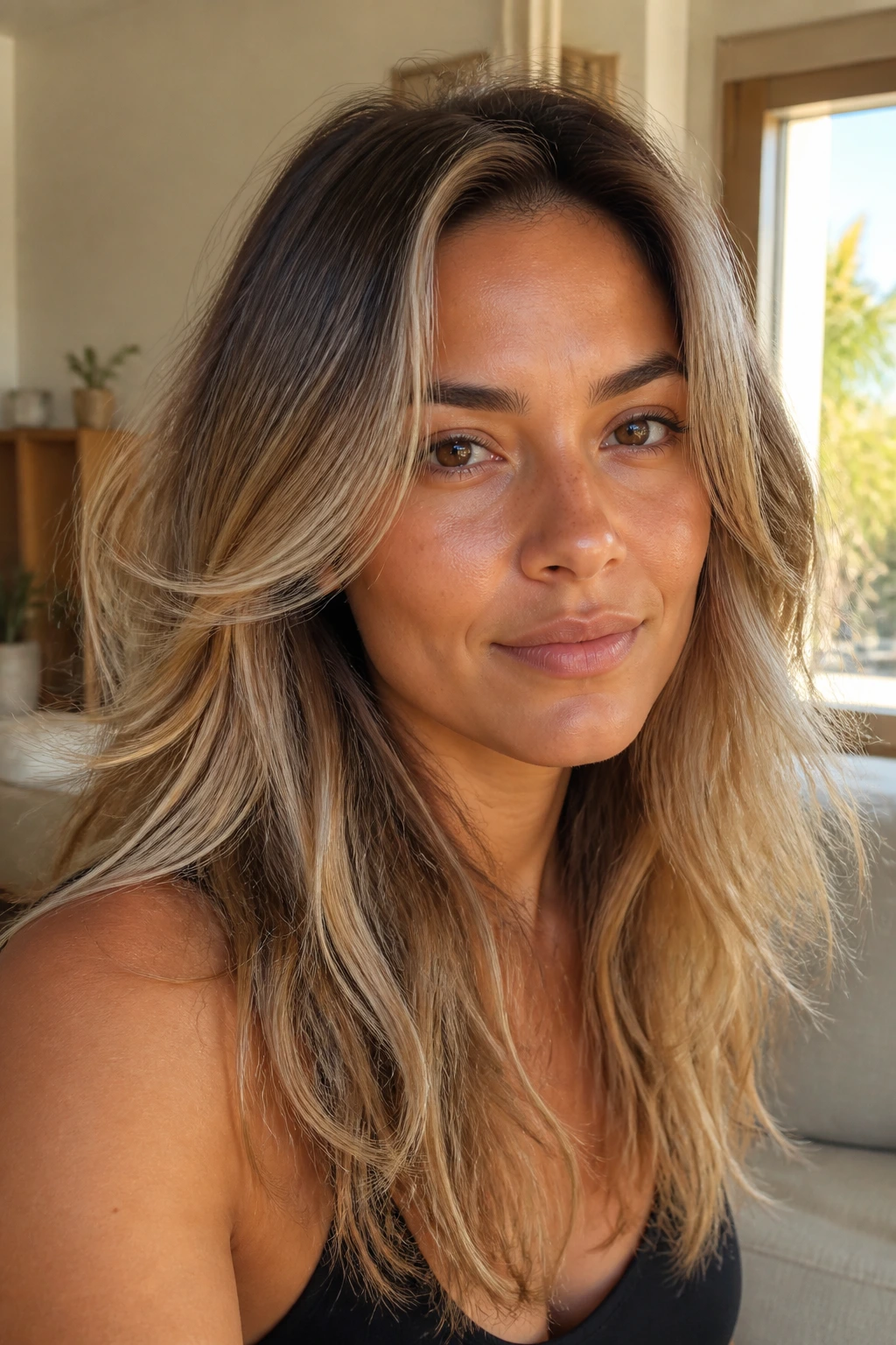 Close-up portrait of a real woman with seamless beach blonde layers on medium skin tone