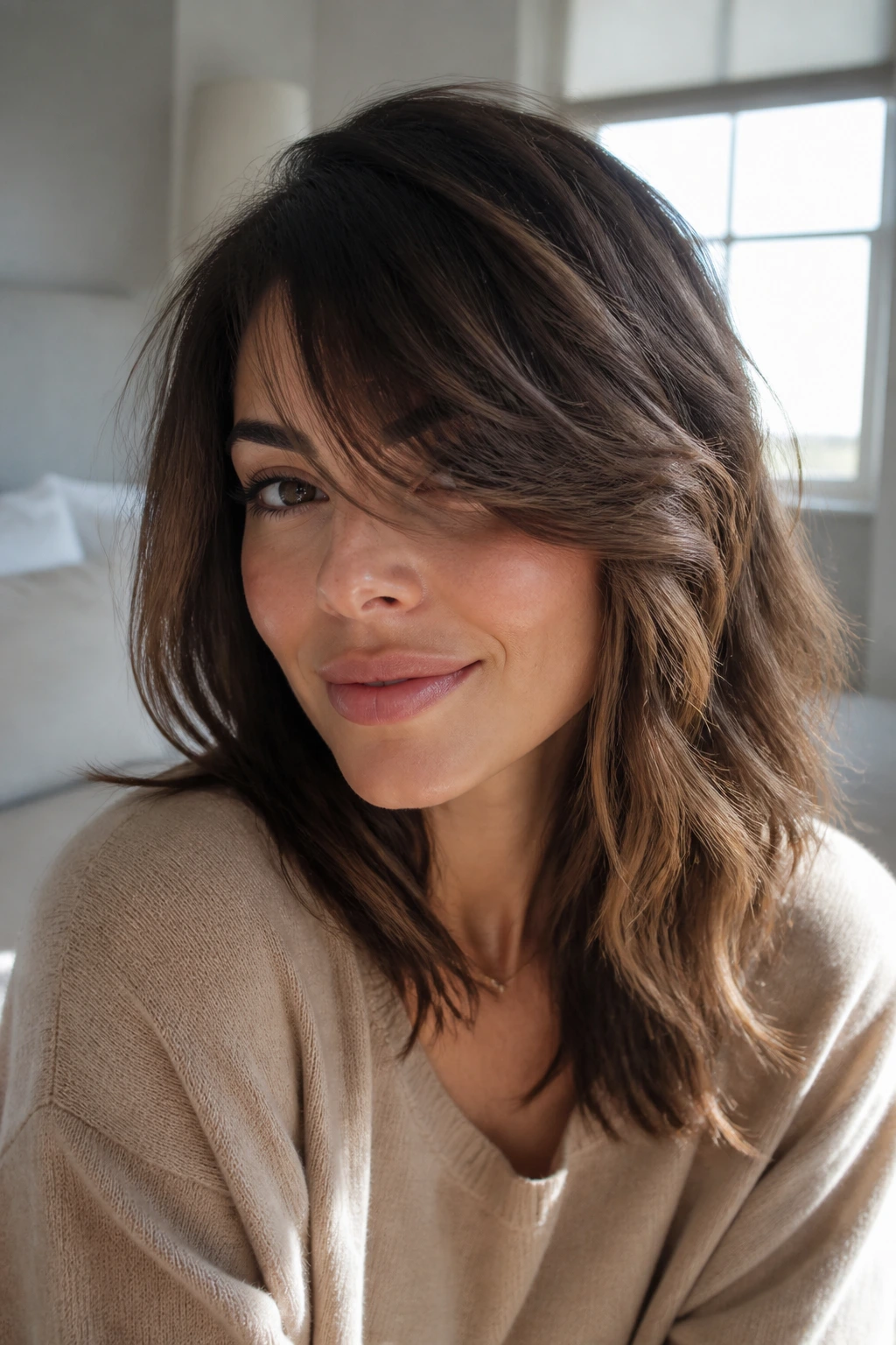 Close-up portrait of a real woman with second-day layered hair and side-swept fringe in a softly lit bedroom