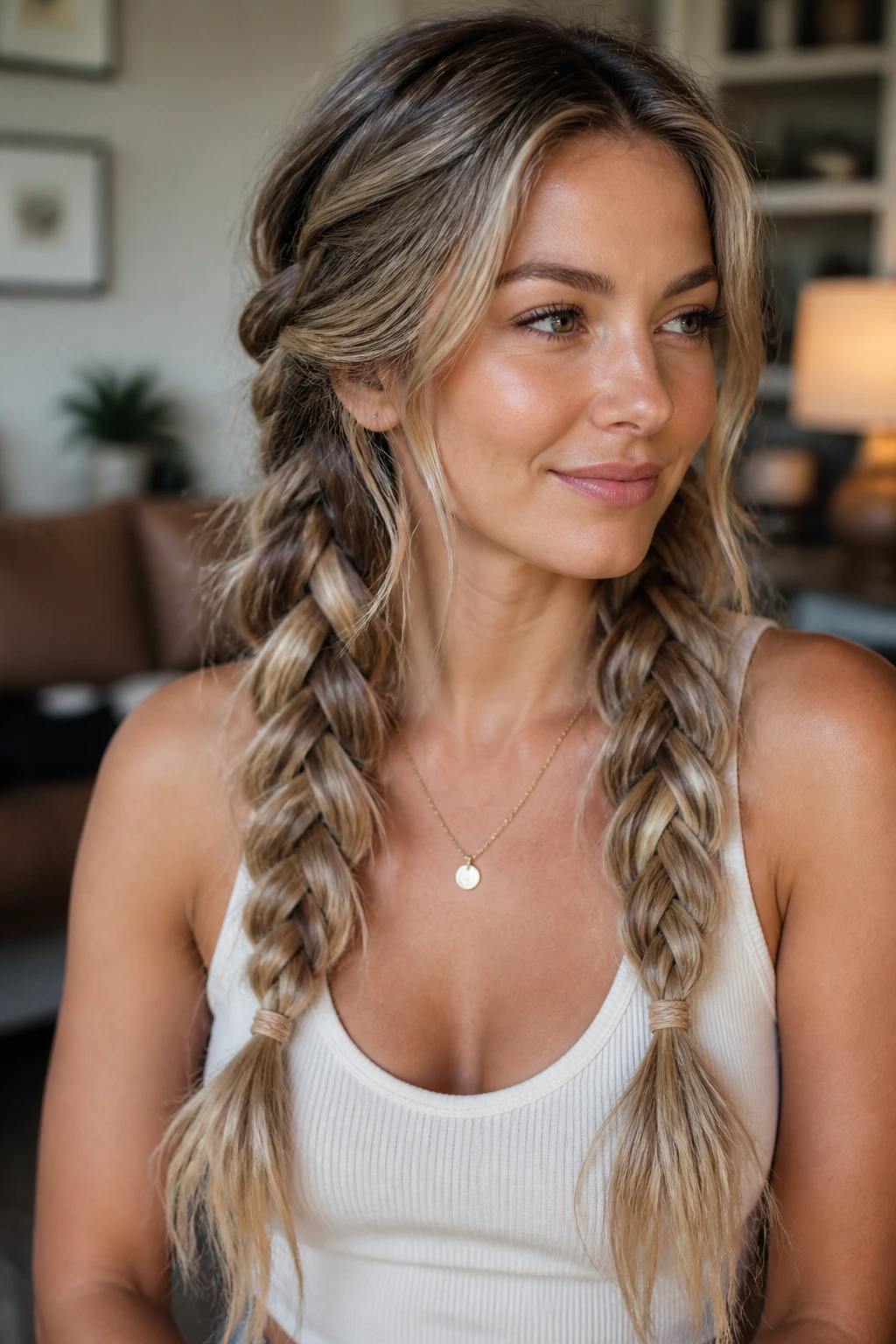 Real person with second-day waves and two loose side braids.