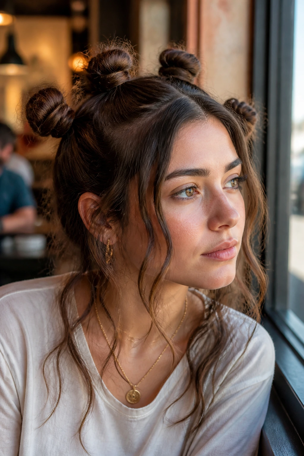 Close-up of a woman with multiple mini buns in thick hair.