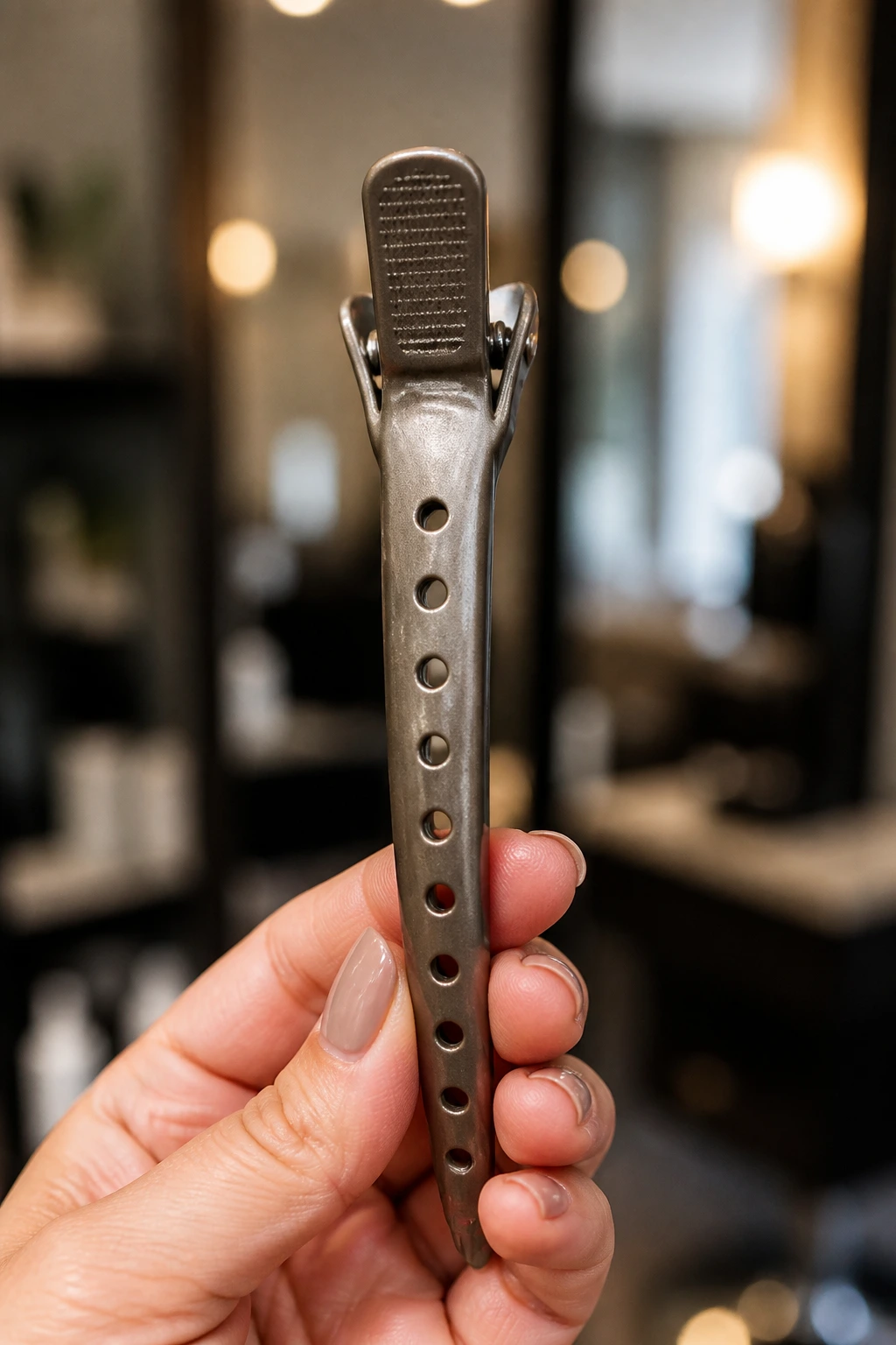 Close-up of a sectioning clip in hand with salon background