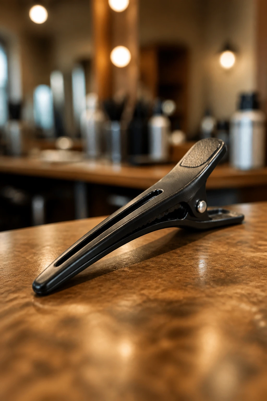 Close-up of a sectioning clip in sharp focus against a warm salon backdrop.