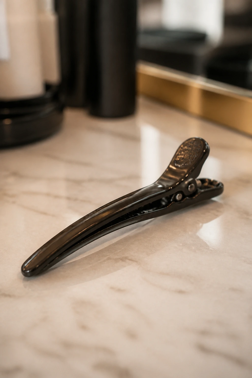 Close-up of a hair sectioning clip on a clean surface with warm salon lighting