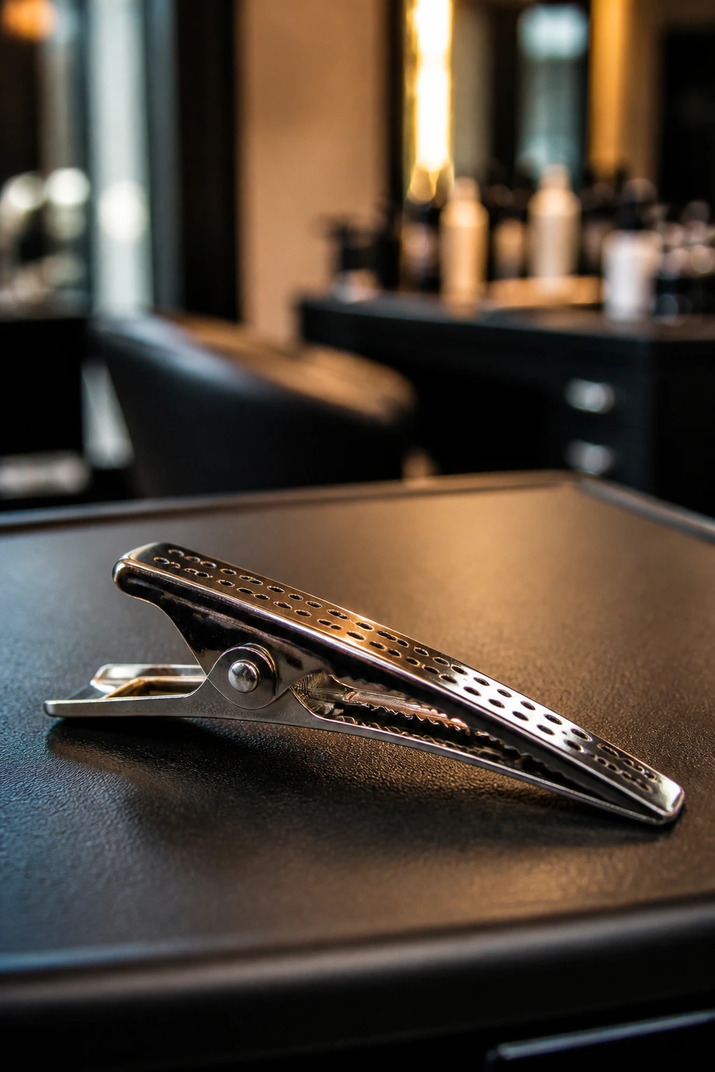 Close-up of a professional sectioning clip used for platinum hair