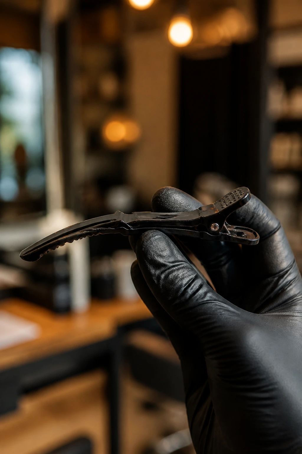 Sectioning clip in hand with blurred salon background