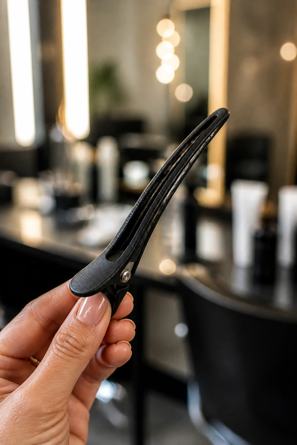 Close-up of a sectioning clip held by a stylist in a salon setting