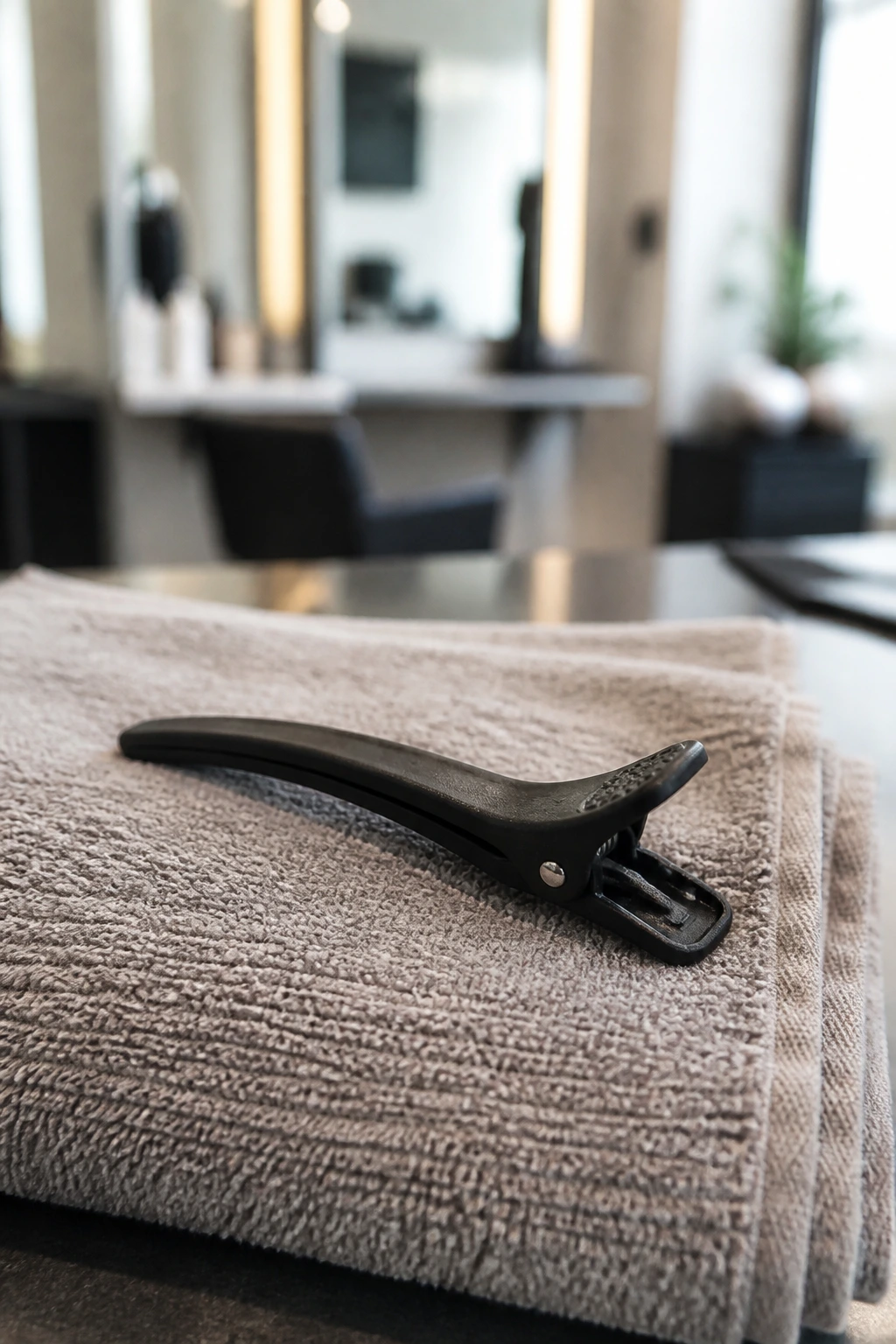 Close-up of a sectioning clip as an essential tool for hair color refreshes.