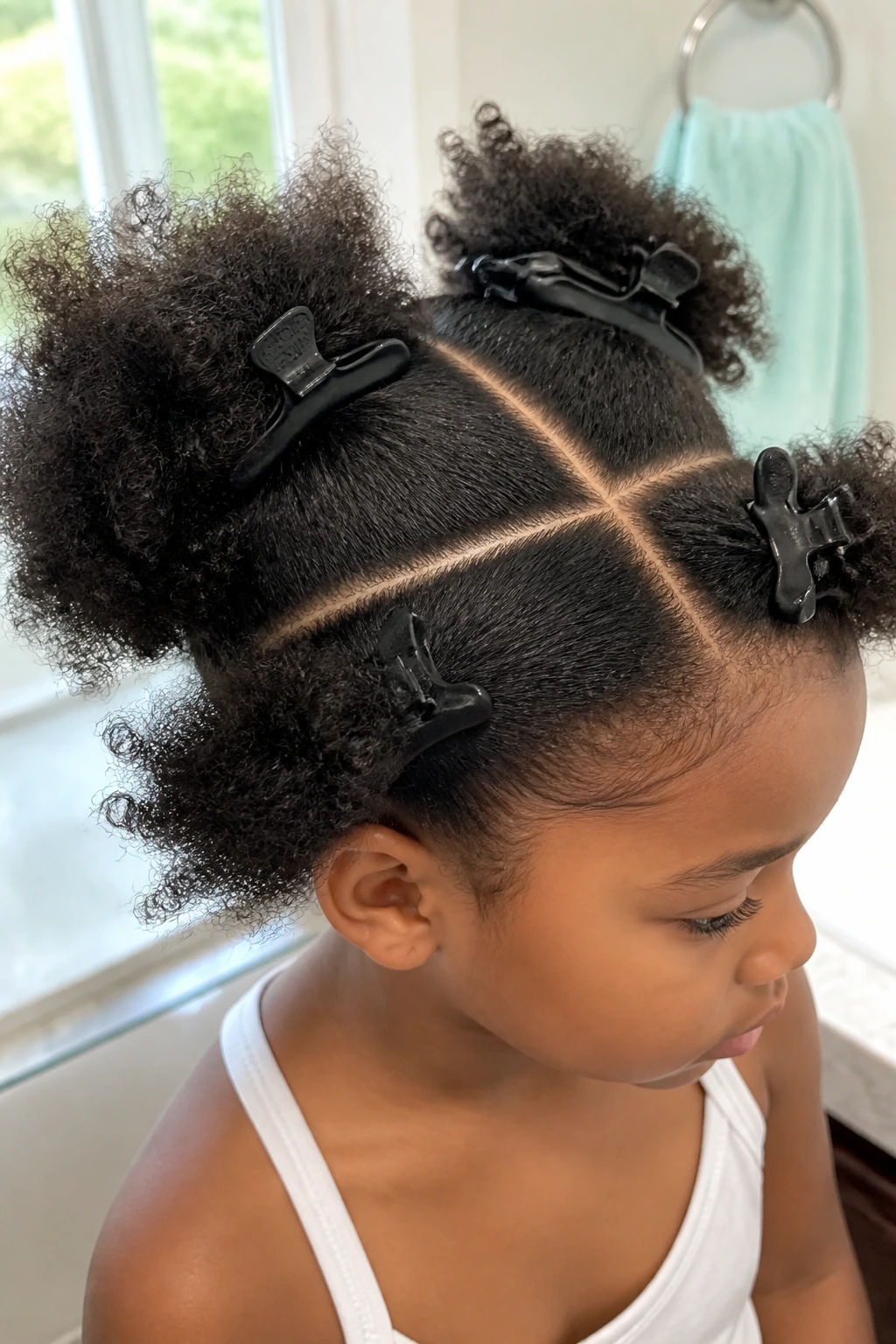 Four neat hair sections clipped in thick hair ready for braiding