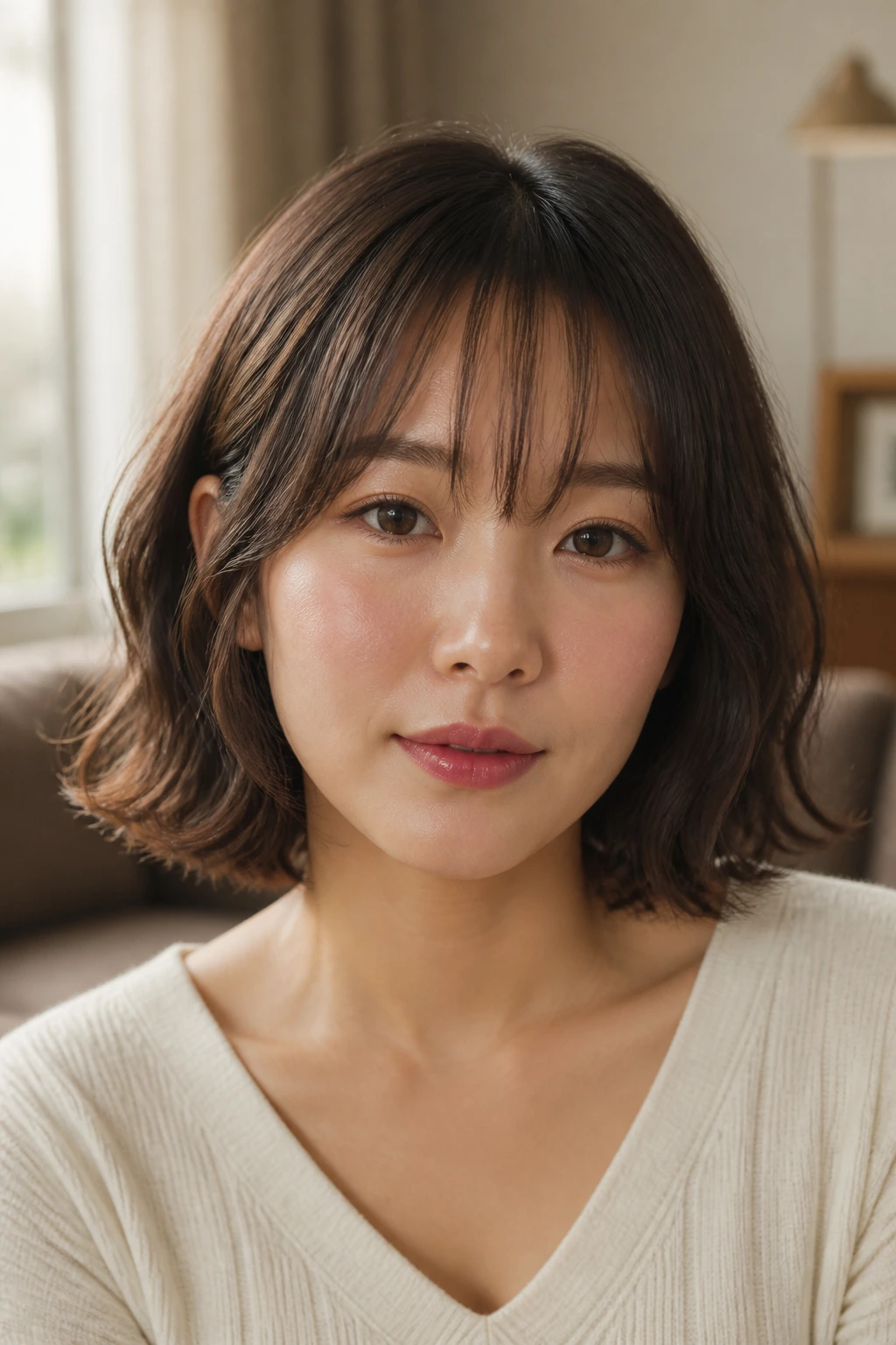 Close-up portrait of a real woman wearing a see-through bang blunt bob in a warm living room setting