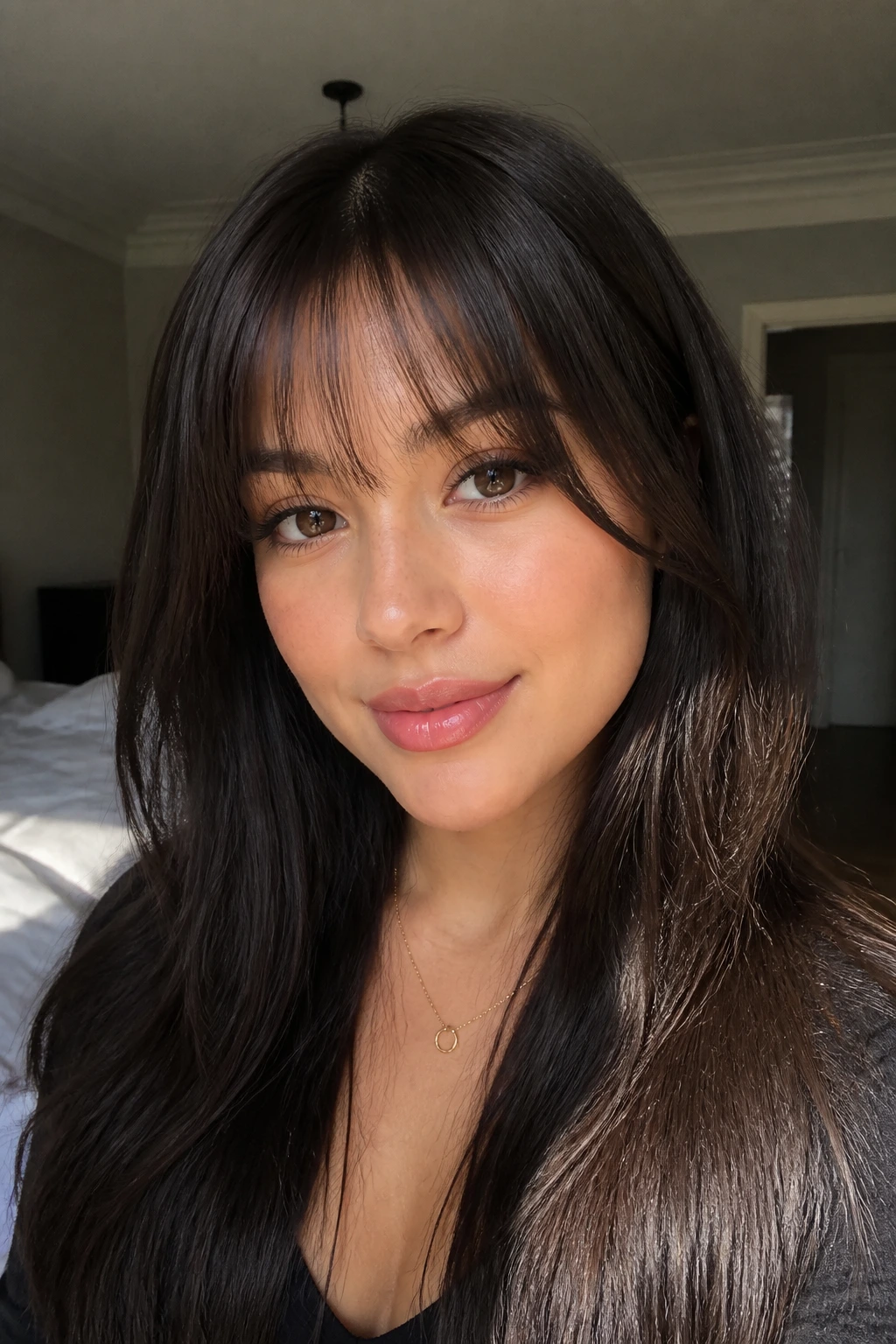 See-through bangs brow-length on real woman with forehead-softening light