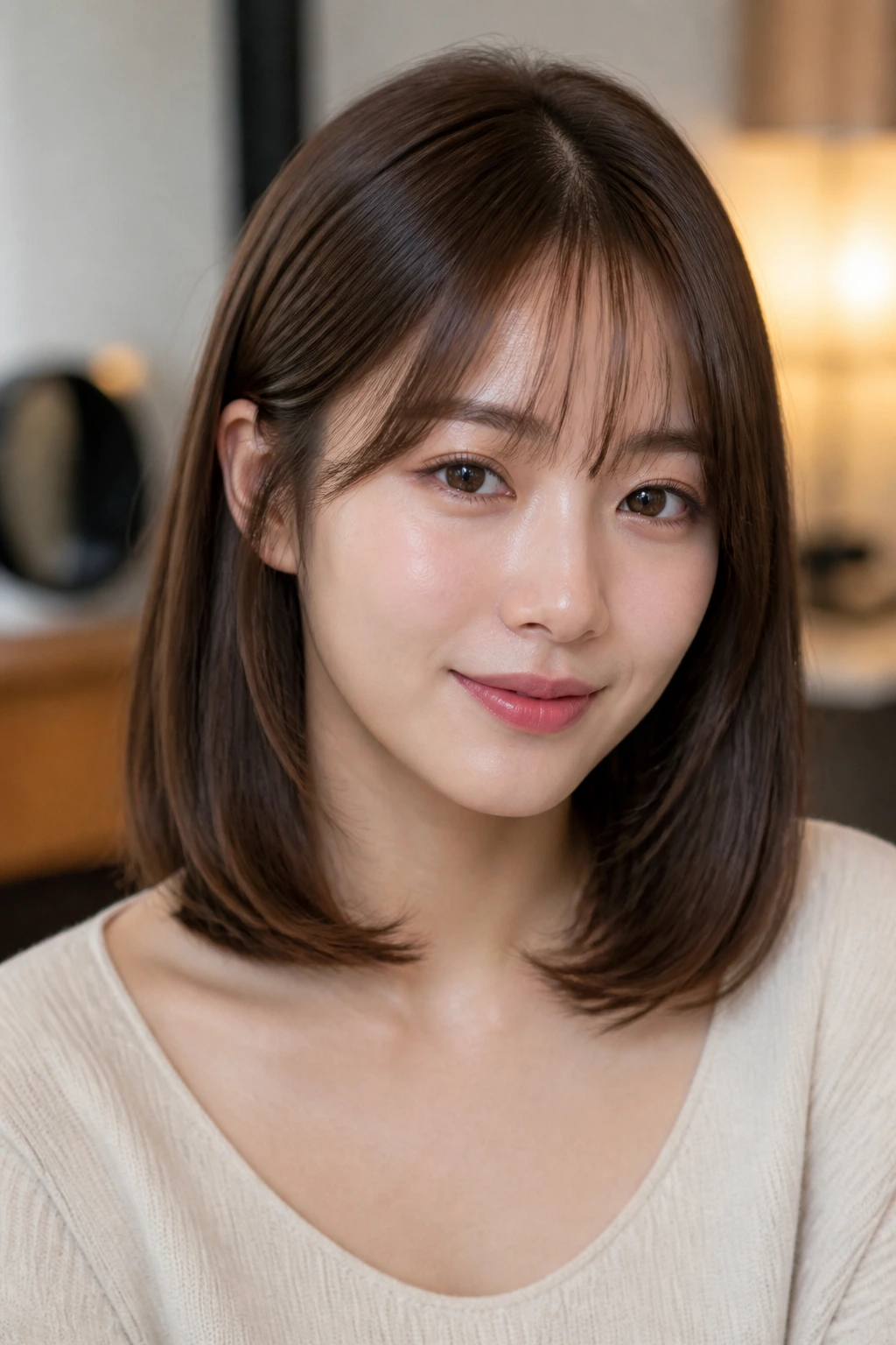 Close-up portrait of a real woman with light see-through bangs and collarbone-length ends