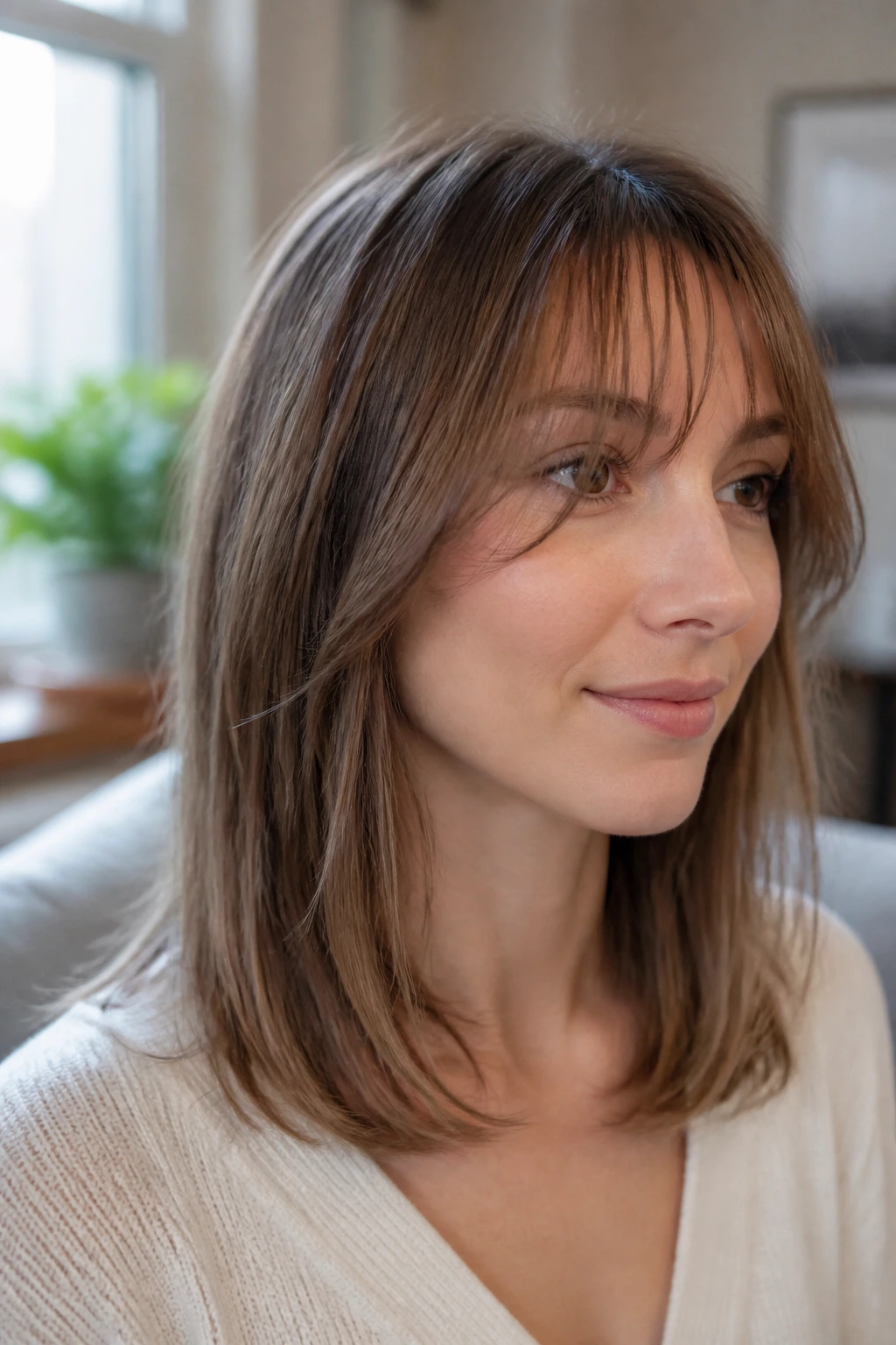 Portrait of a real woman with airy see-through bangs framing a long face