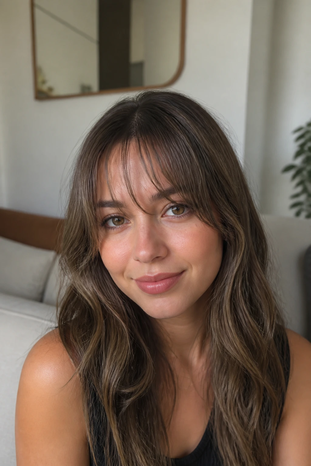 Close-up of a real woman with light see-through bangs on long waves in a softly lit room