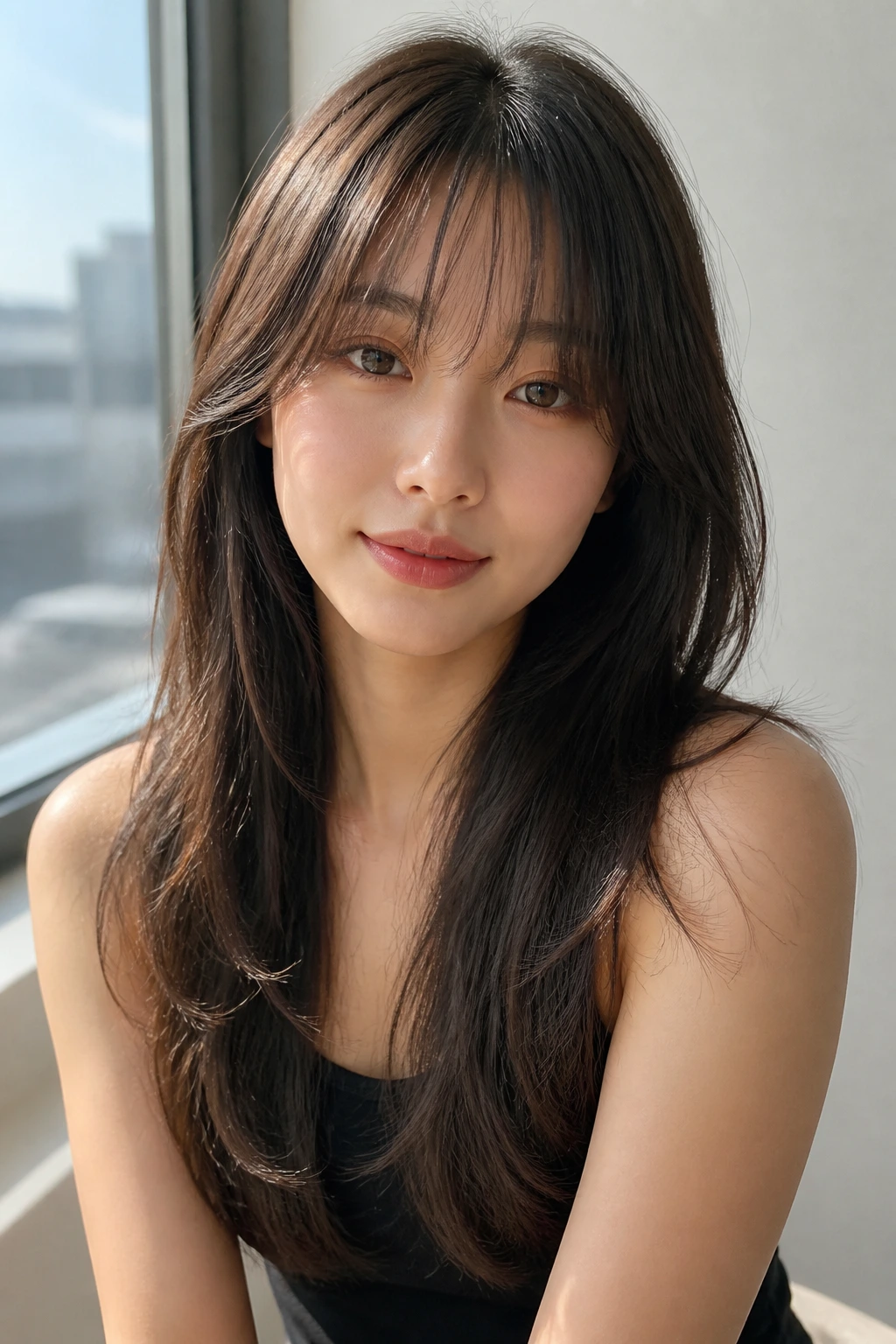 Portrait of woman with see-through bangs and hidden face-framing layers