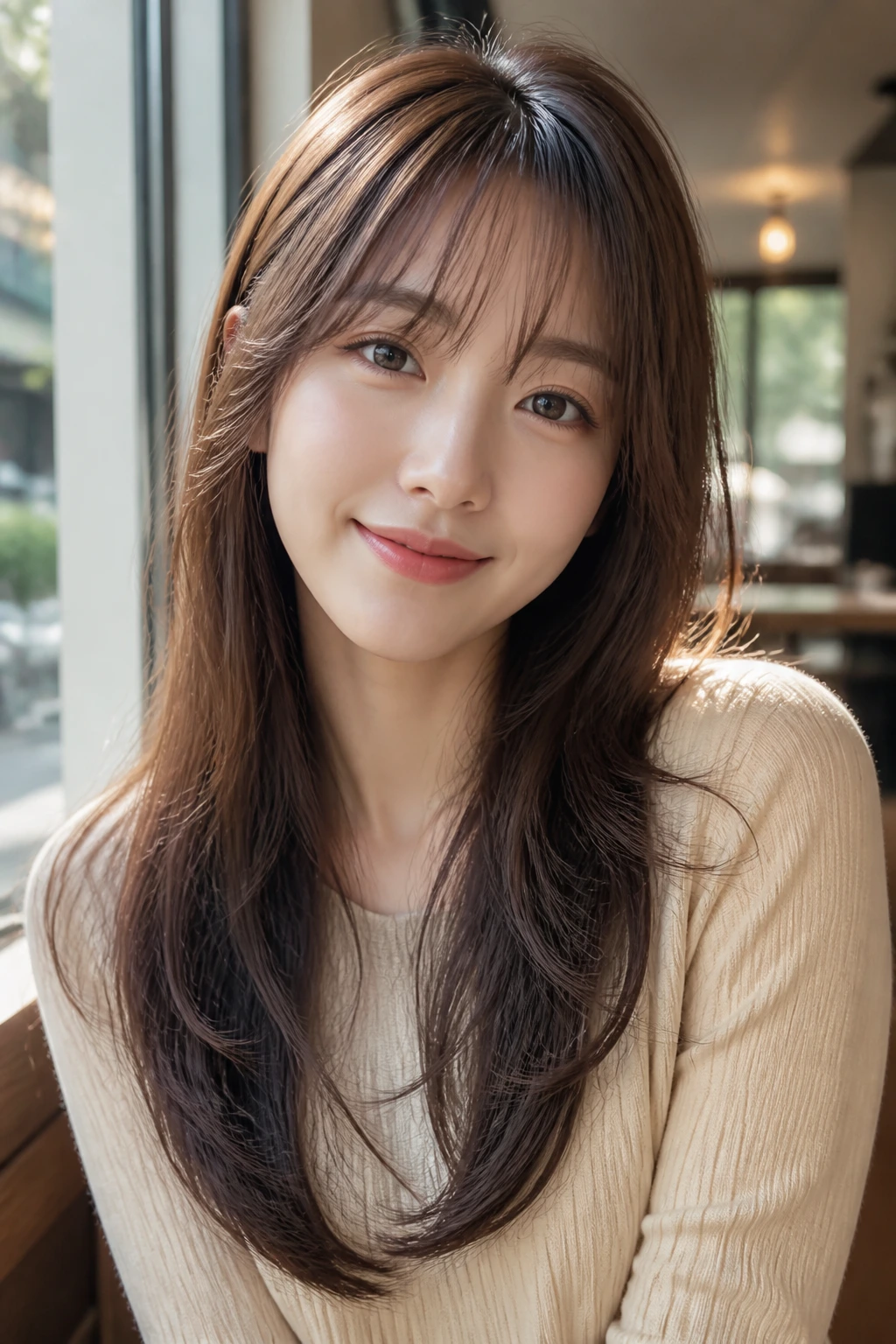 Portrait of a woman with wispy see-through bangs and long soft layers