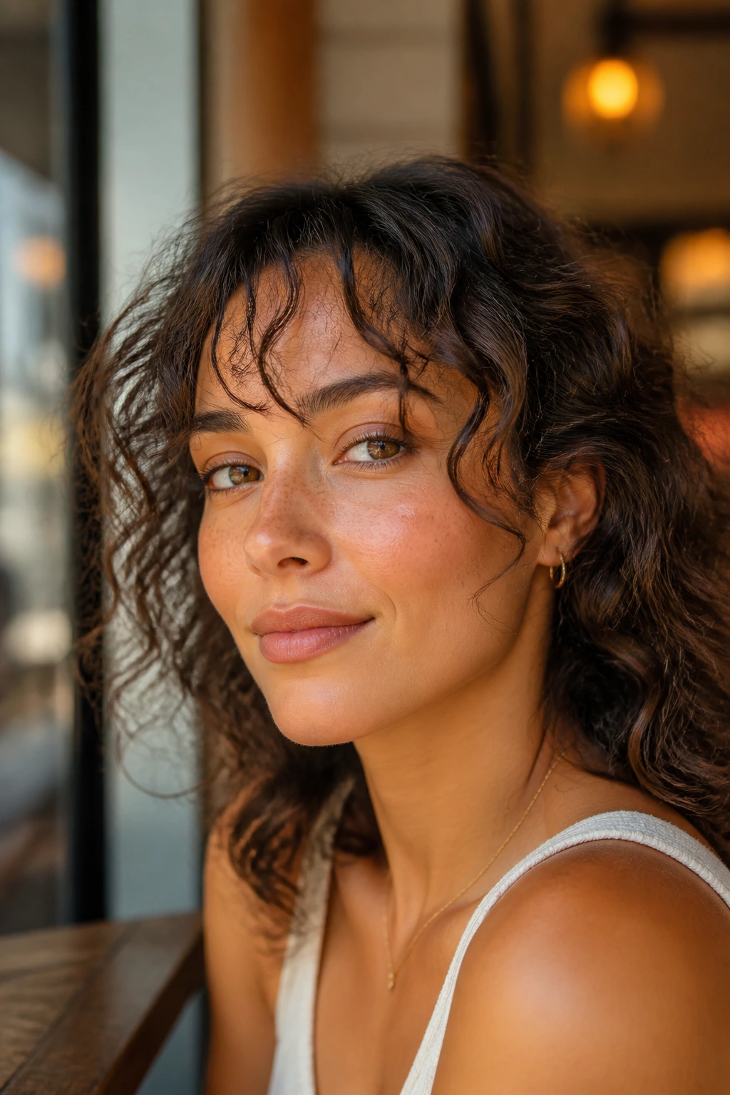 Close-up of a real person with see-through bangs on looser curls.