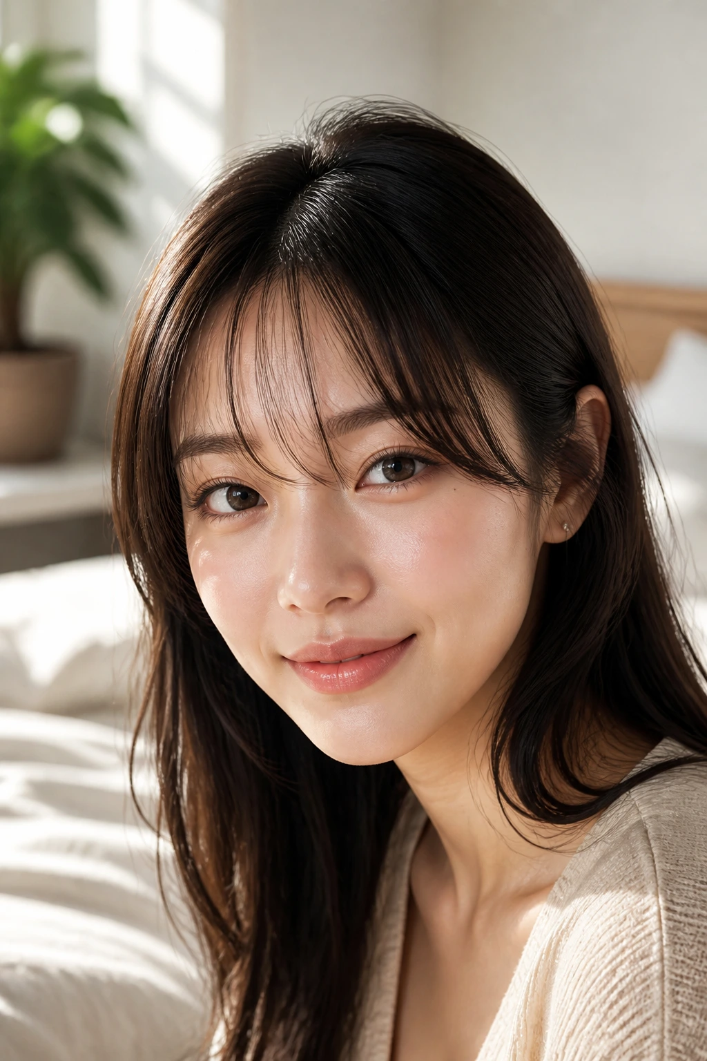 Close-up portrait of a real woman with see-through split bangs in warm bedroom light
