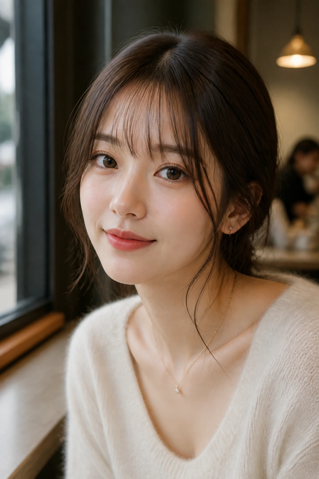 Close-up showing wispy see-through bangs with soft side pieces on a real person