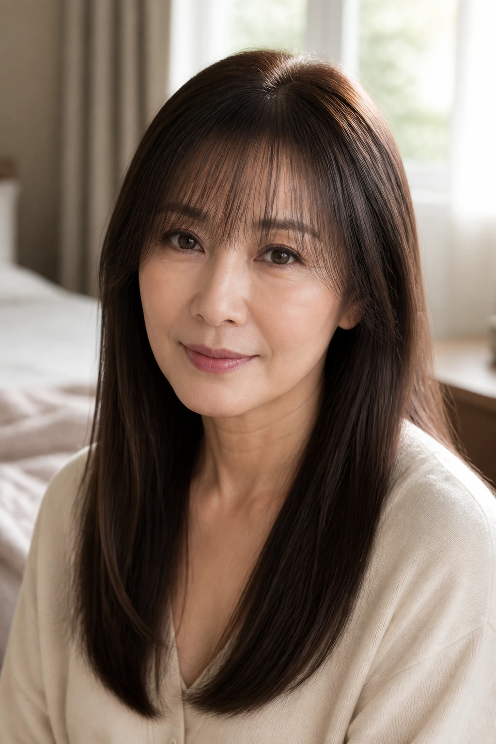 Close-up portrait of a real woman with see-through bangs and sleek length