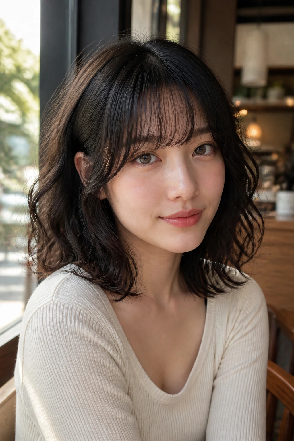 Close-up portrait of a real woman with see-through bangs and temple pieces framing her face.