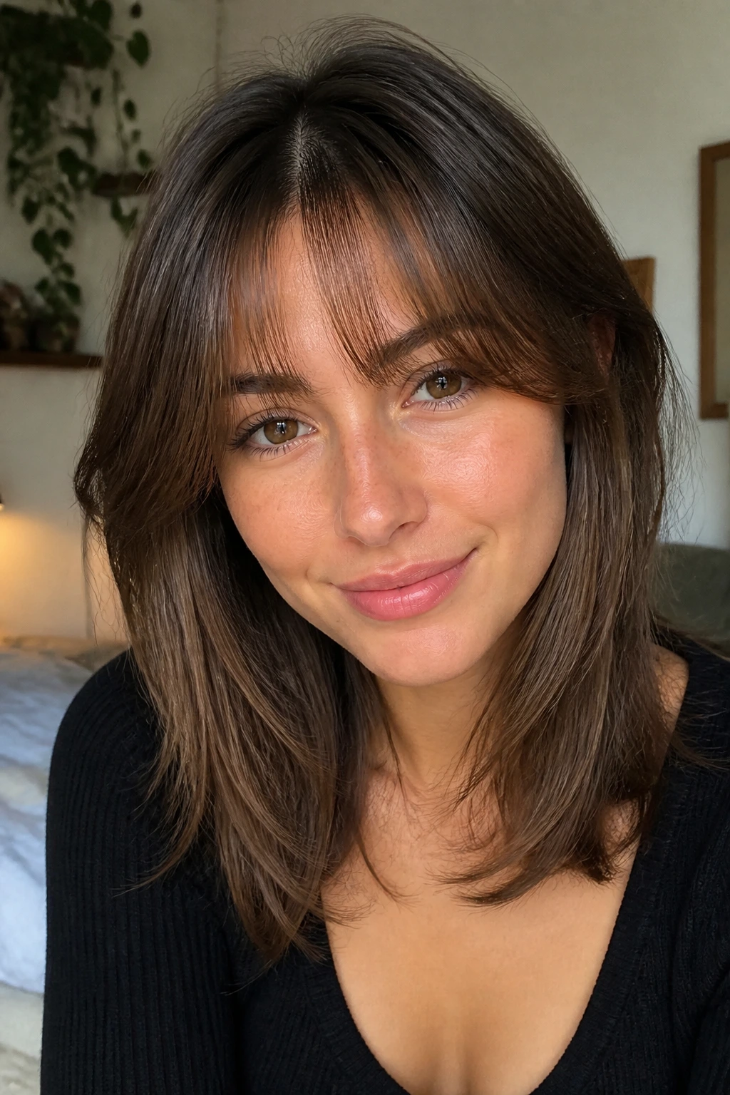 Real woman with see-through curtain bangs in natural light