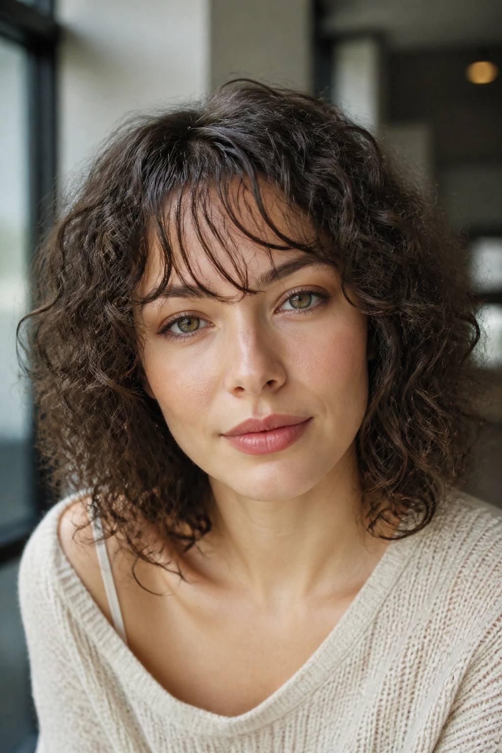 See-through fringe on curly hair, airy and light