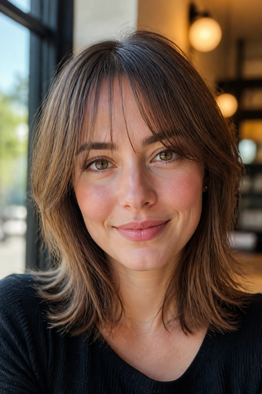 Close-up of see-through fringe curtains on a real woman