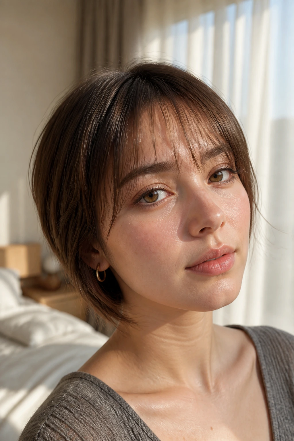 Real person wearing see-through fringe, airy and light for fine hair.