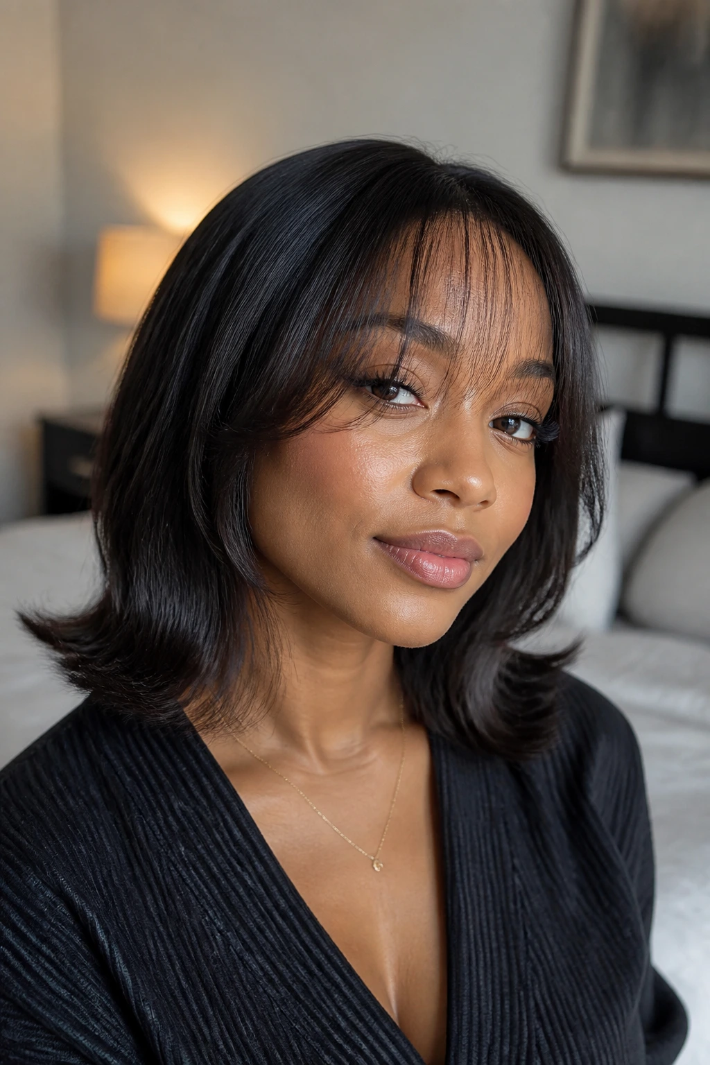 Close-up of a real woman with airy see-through fringe and flipped-lob hairstyle in warm bedroom light
