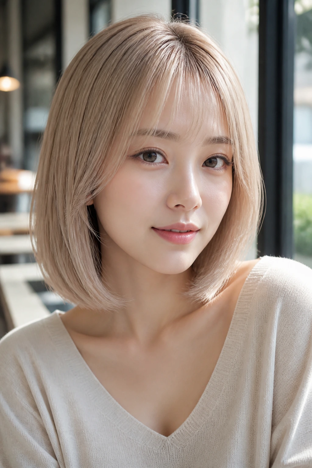 Close-up of a real woman with a see-through fringe lob in champagne blonde.