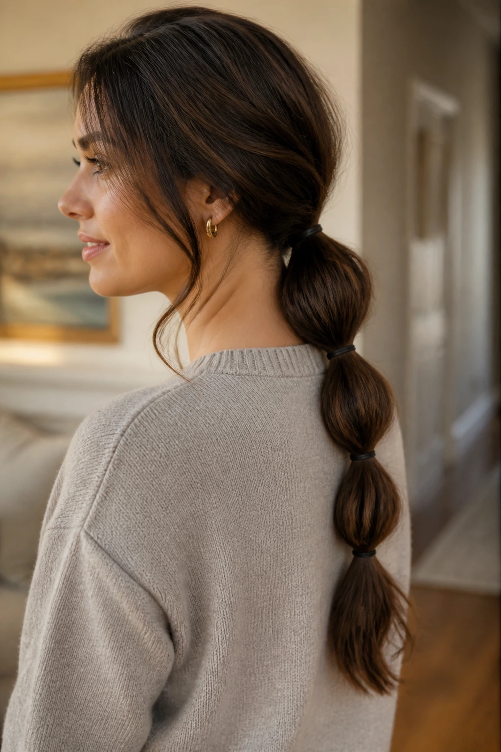 Close-up of a real woman with segmented low ponytail