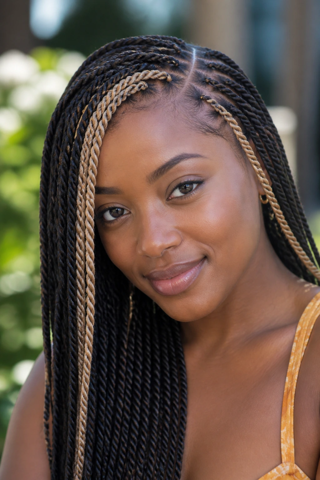 Close-up of side-part Senegalese braids with beige money pieces on a real woman