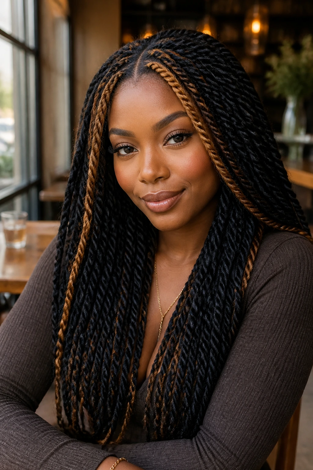 Portrait of a woman with Senegalese twists and a caramel money piece