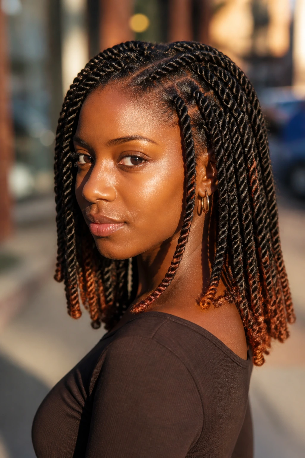 Senegalese twists with copper ends on real person, close-up portrait