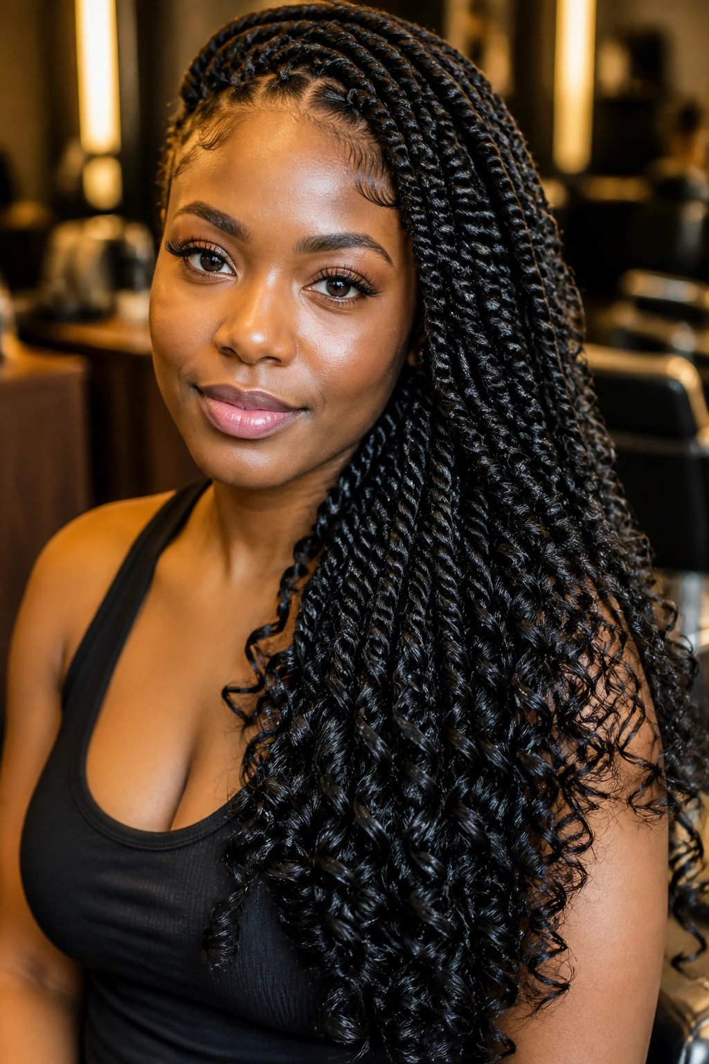 Close-up portrait of a woman with Senegalese twists and curling tails over one shoulder
