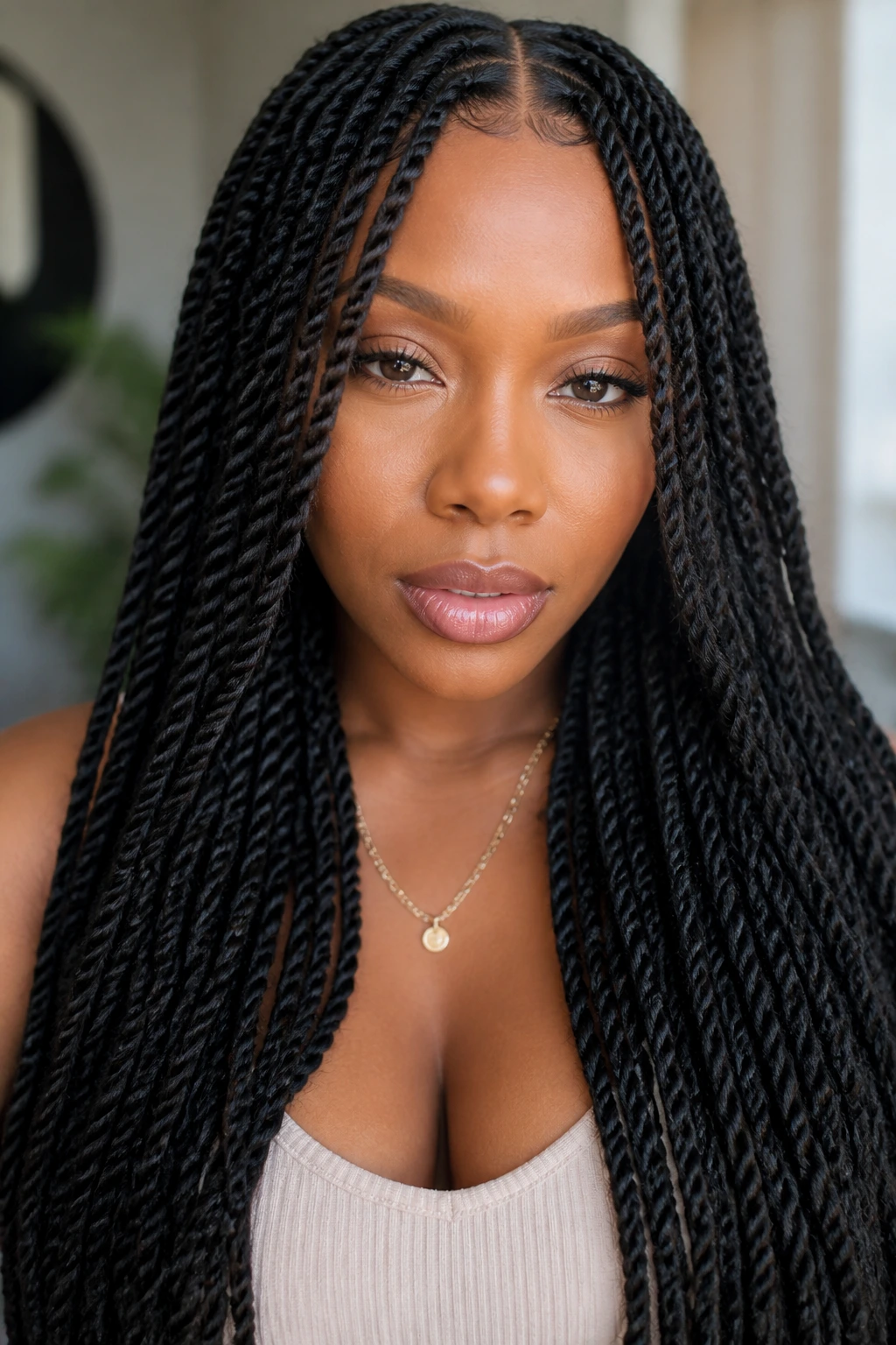 Real person with long Senegalese twists and curtain front pieces