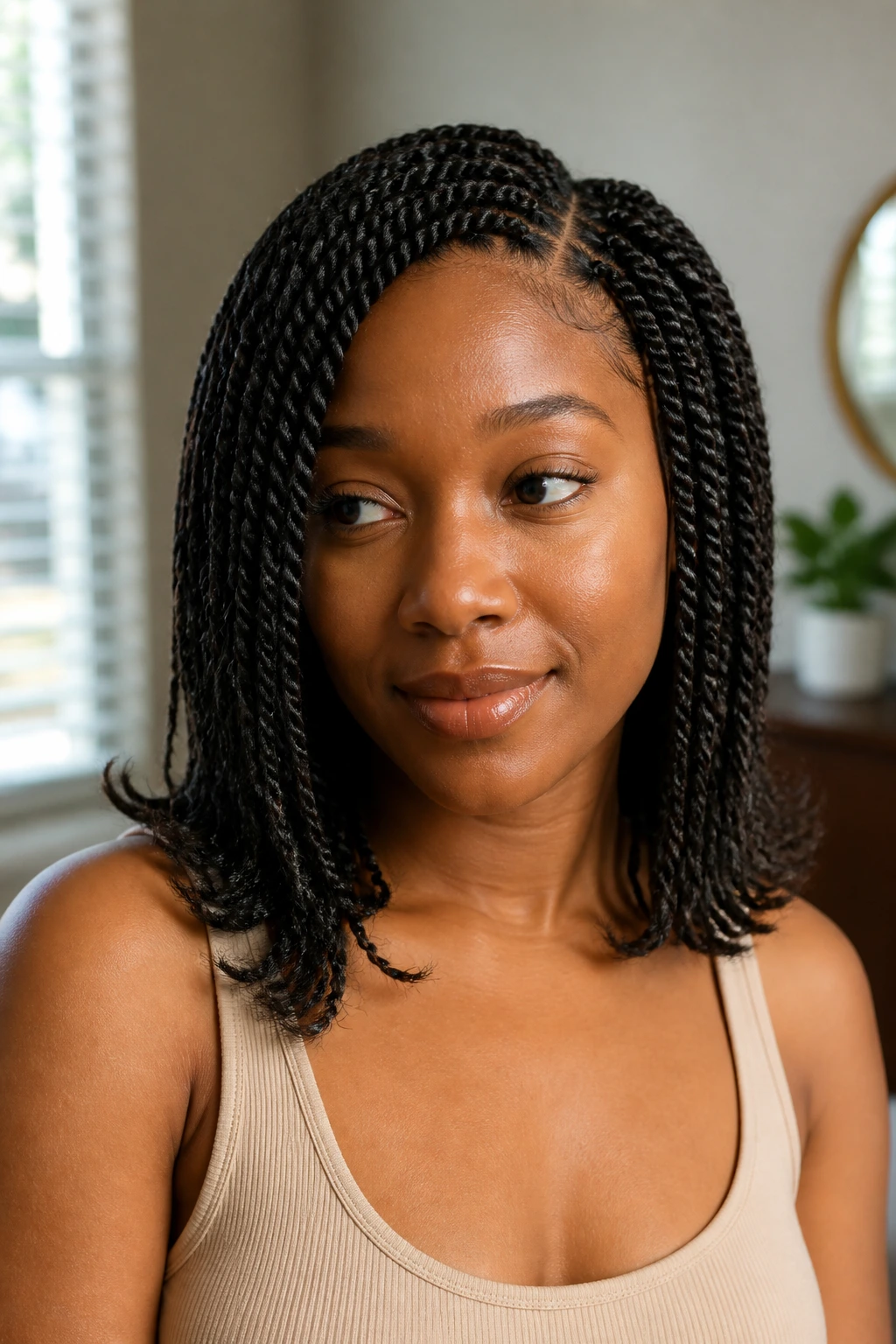 Medium close-up of a real woman with shoulder-length Senegalese twists and flipped ends