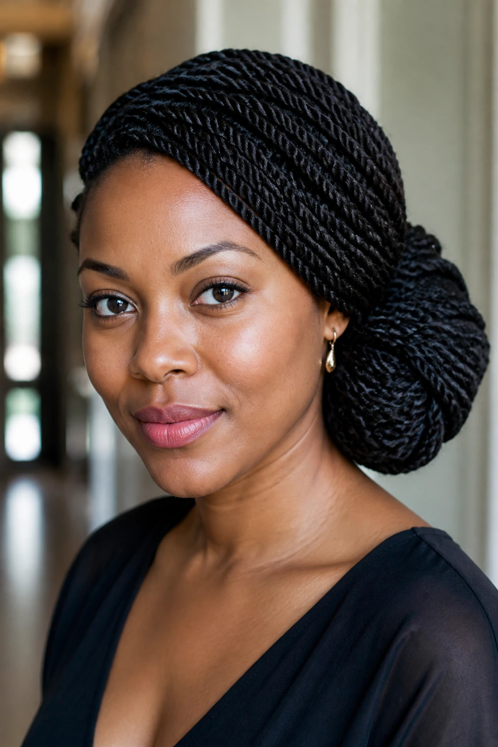 Woman with Senegalese twists formed into a low side bun off-center.