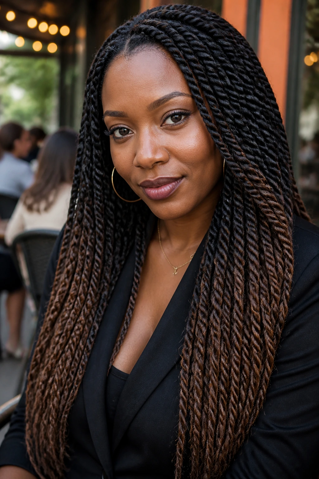 Close-up of a real woman with soft ombre Senegalese twists on deep skin