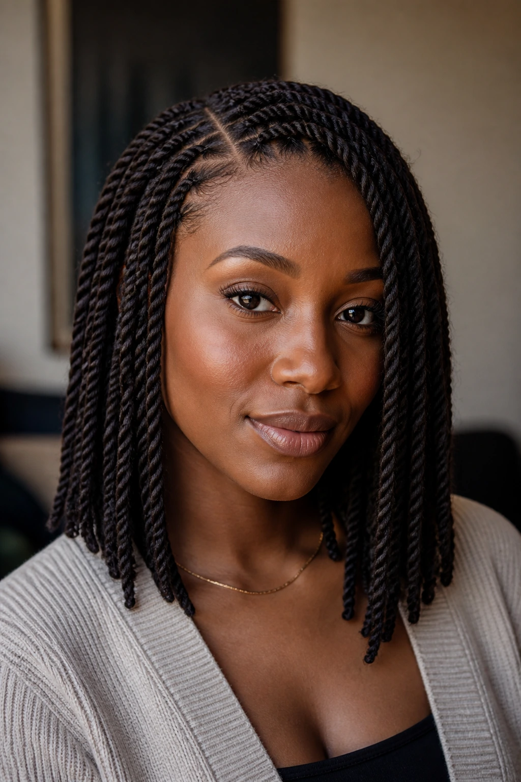 Close-up of a real Black woman with shoulder-length Senegalese twists and an off-center part.