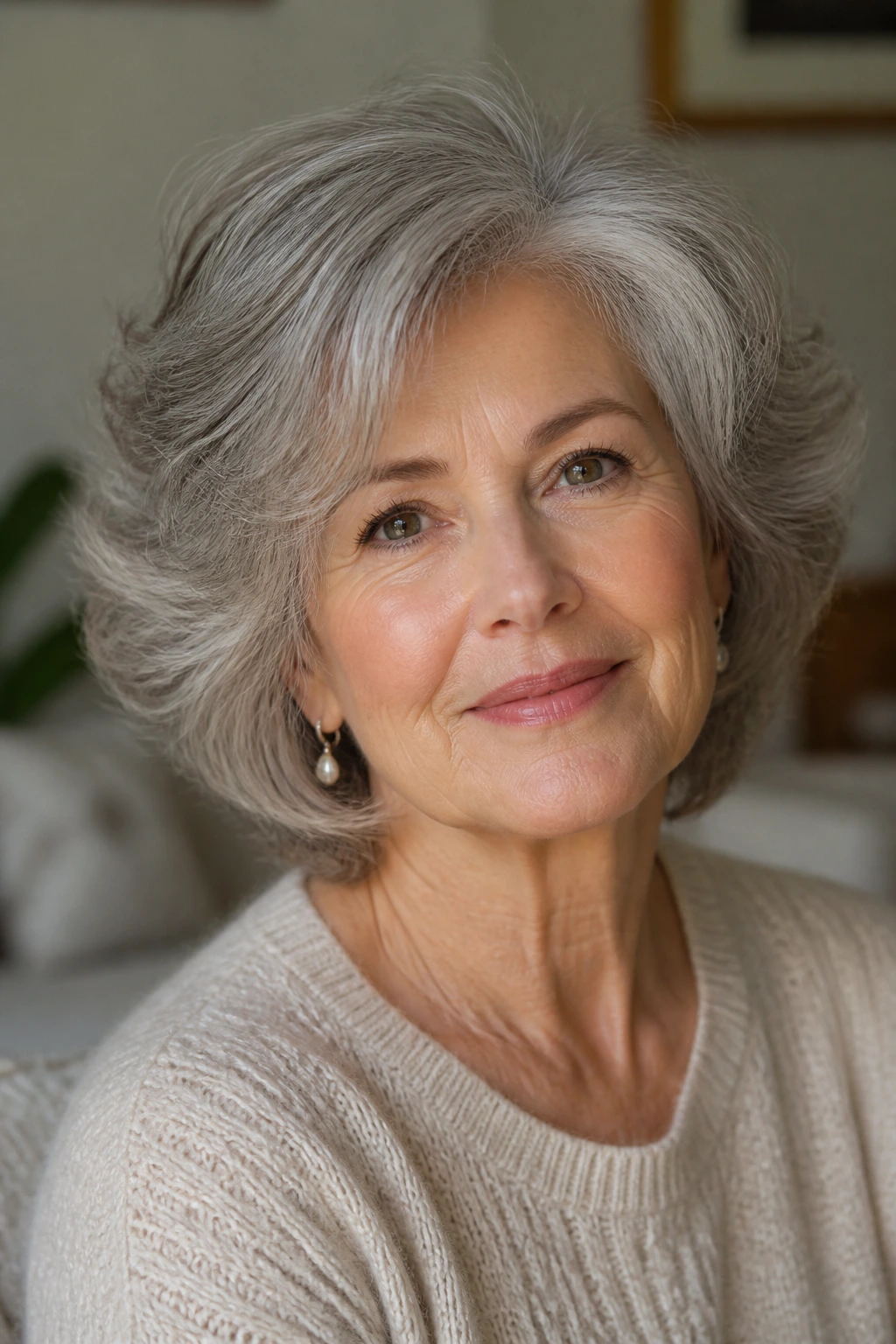 Close-up portrait of a senior woman with thick hair in a flattering enduring cut