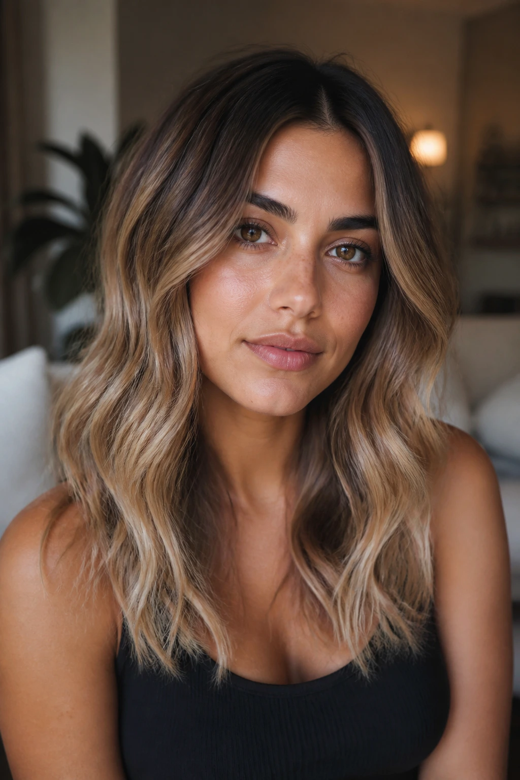 Close-up of a real woman with sepia brown to almond ends on olive skin.