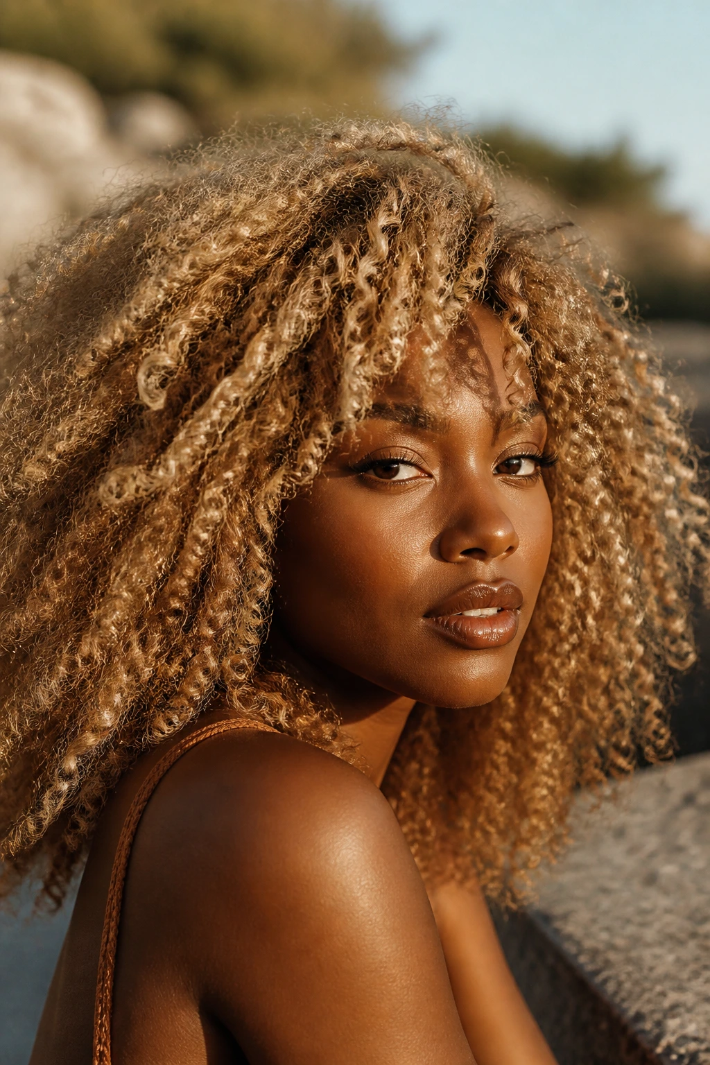 Close-up of a person with sepia blonde hair in warm late-afternoon light