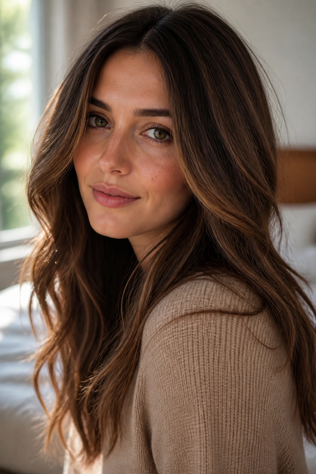 Close-up portrait of a real woman with sepia brunette hair and caramel babylights in soft natural light