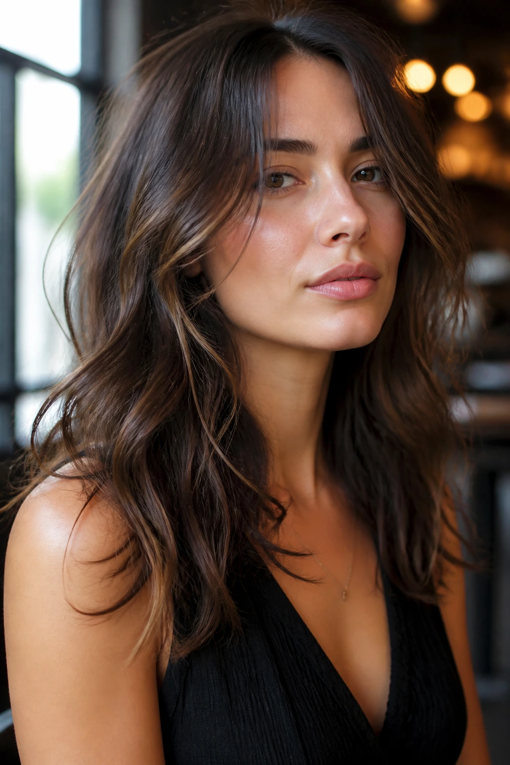 Close-up portrait of a real person with polished messy waves and serum shine