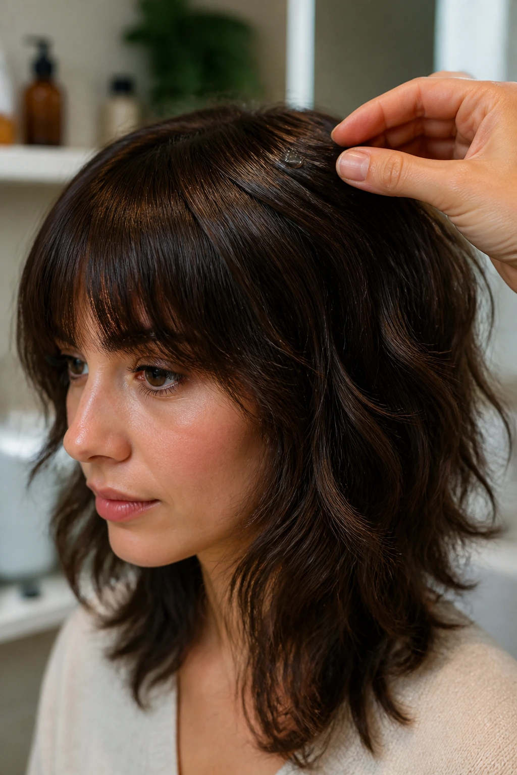 Close-up of a hand applying serum to the outer layer of hair on a real person.